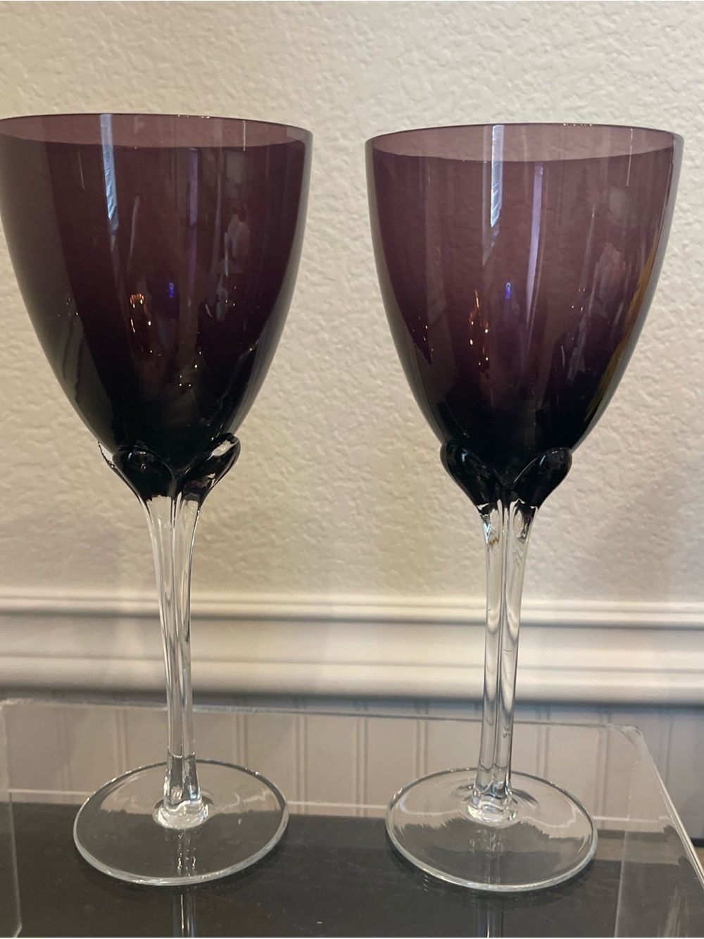 Murano Amethyst Wine Glasses Tulip Stem 9.5” set of 2